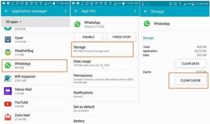 Effacer le cache et les données de WhatsApp